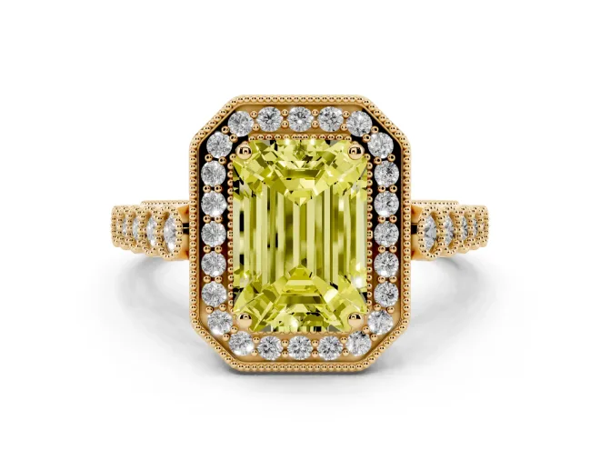 Emerald Cut Graduated Milgrain Halo Engagement Ring Setting for a Fancy Yellow Lab-Grown Diamond | Yellow Gold