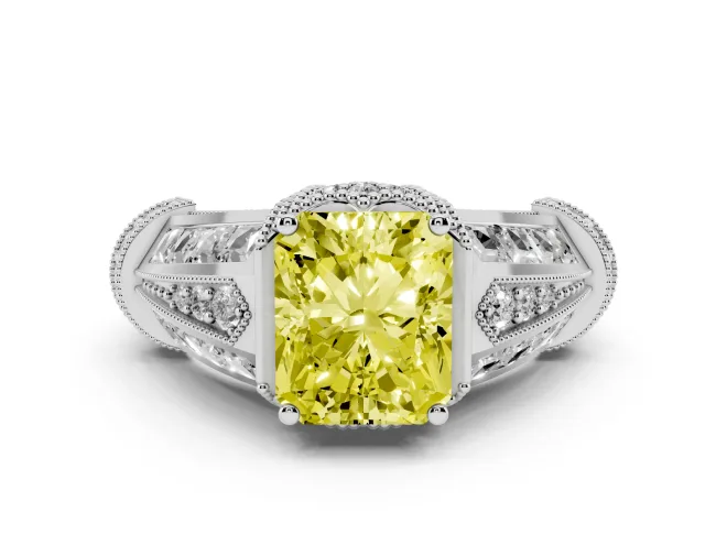 Fancy Yellow Radiant Cut Diamond Vintage-Inspired Milgrain Ring Set in Platinum with Accent Split Shank