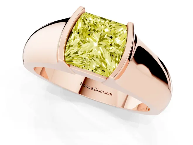 Fancy Yellow Princess Cut Diamond Bezel Solitaire Ring Set in Rose gold with Wide Band – second view