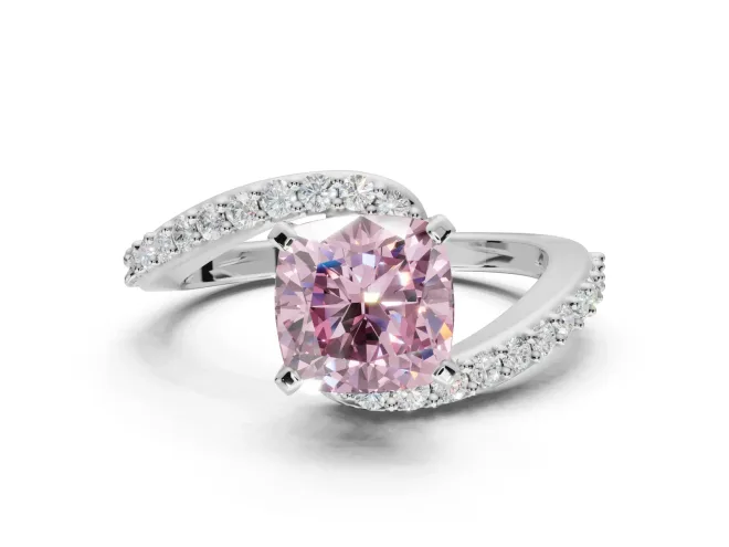 Cushion Cut Bypass Pavé Engagement Ring Setting for a Fancy Pink Lab-Grown Diamond | White Gold