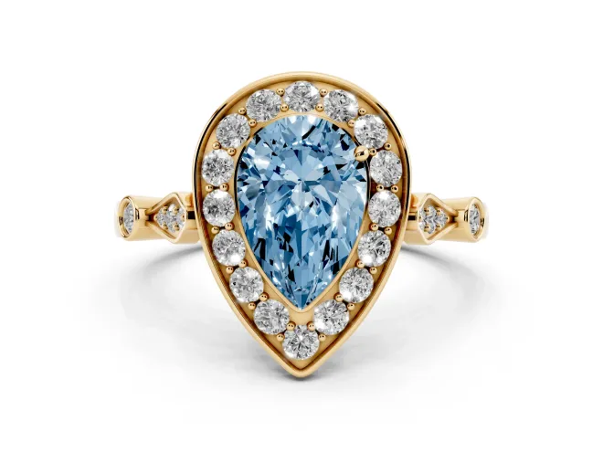 Pear-Shaped Halo Engagement Ring Setting for a Fancy Blue Lab-Grown Diamond | Bezel Station Shoulders | Yellow Gold