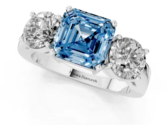 Fancy Blue Asscher Cut Diamond Three-Stone Ring Set in White gold with Round Side Stones and Classic Band – second view