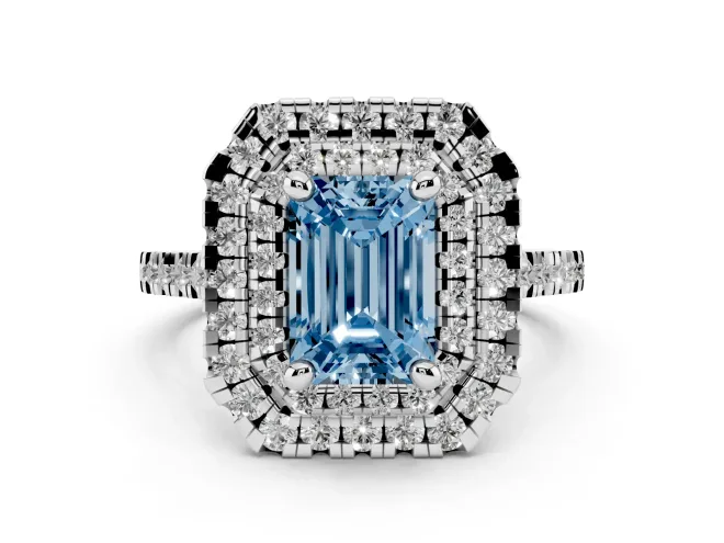 Fancy Blue Emerald Cut Diamond Double Halo Statement Ring Set in White gold with Pavé Band