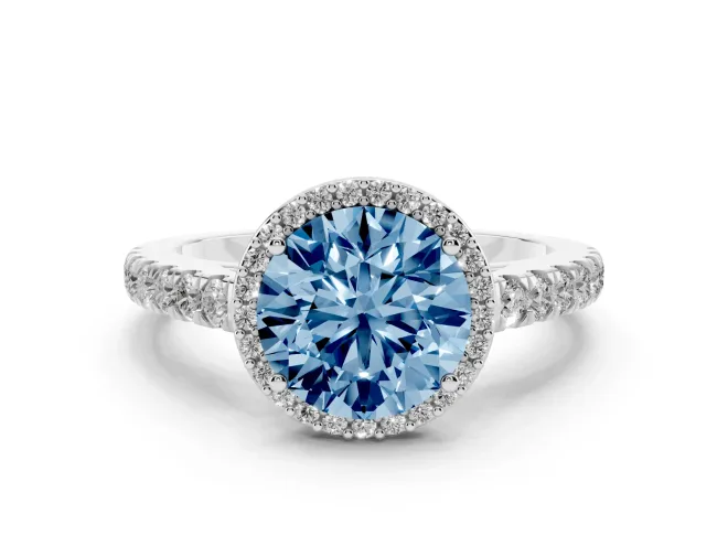Round Halo Pavé Engagement Ring Setting for a Fancy Blue Lab-Grown Diamond | Platinum