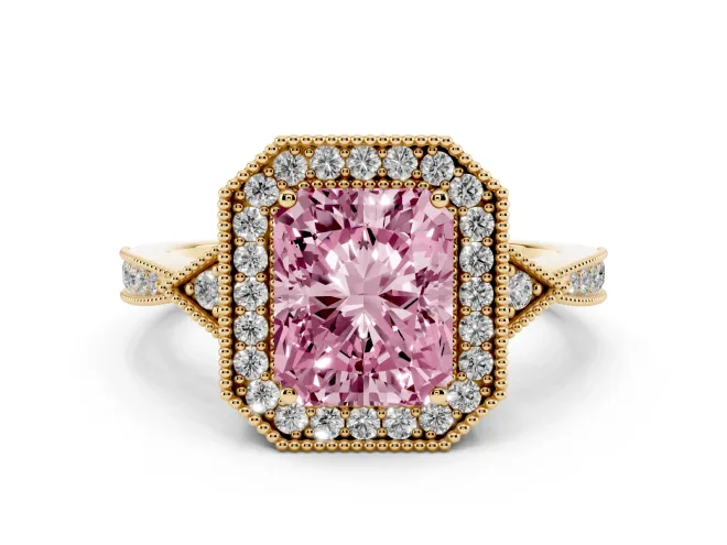 Radiant Cut Milgrain Halo Engagement Ring Setting for a Fancy Pink Lab-Grown Diamond | Graduated Pavé | Yellow Gold