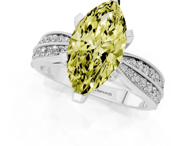 Fancy Yellow Marquise Cut Diamond Solitaire Ring Set in White gold with Milgrain Double Row Round Pavé Band – second view