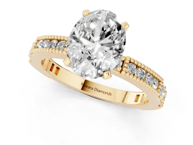 Oval Cut Diamond Solitaire Ring Set in Yellow gold with Slim Pavé Band and Prong Setting – second view