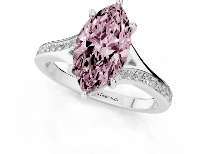 Fancy Pink Marquise Cut Diamond Solitaire Ring Set in Platinum with Pavé Accent Band and Classic Prong Setting – second view