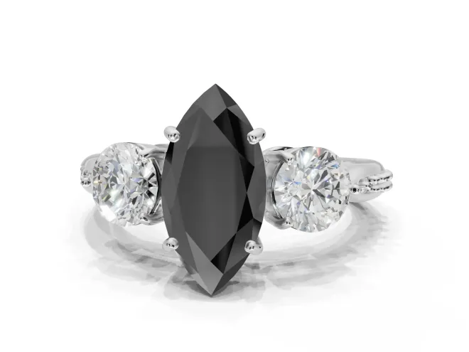 Marquise Three Stone Engagement Ring Setting for a Black Center | Tapered Pavé Band | White Gold