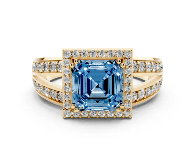 Asscher Cut Halo Engagement Ring Setting for a Fancy Blue Lab-Grown Diamond | Two-Row Pavé Split Shank | Yellow Gold