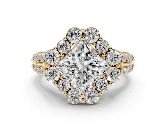 Princess Cut Large Accent Halo Engagement Ring Setting | Graduated Pavé | Yellow Gold