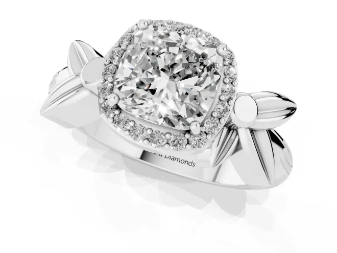 Cushion Cut Diamond Halo Floral Band Ring Set in White gold with Prong Setting – second view
