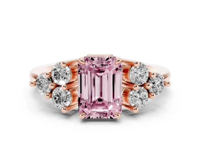 Fancy Pink Emerald Cut Diamond Solitaire Ring Set in Rose gold with Cluster Accents on Each Side