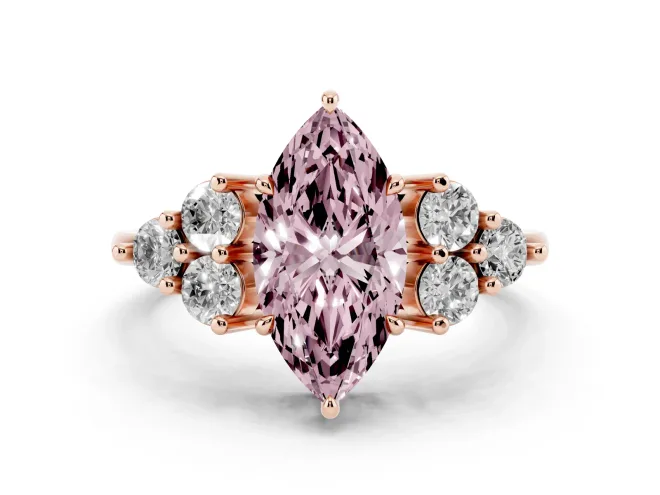 Fancy Pink Marquise Cut Diamond Solitaire Ring Set in Rose gold with Cluster Accents on Each Side