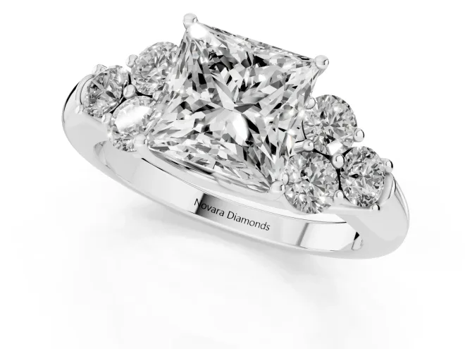 Princess Cut Diamond Cluster Ring Set in Platinum with Round Accent Stones and Prong Setting on a Plain Band – second view