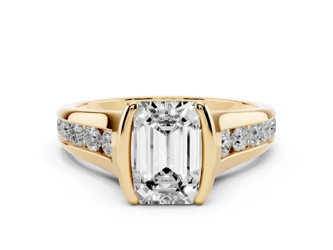 Emerald Cut Half Bezel Solitaire Engagement Ring Setting | Graduated Channel Band | Yellow Gold