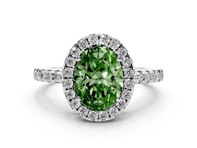 Oval Halo Engagement Ring Setting for a Fancy Green Lab-Grown Diamond | Pavé Band | White Gold