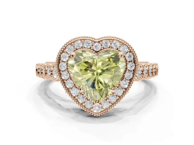 Heart-Shaped Graduated Milgrain Halo Engagement Ring Setting for a Fancy Yellow Lab-Grown Diamond | Rose Gold