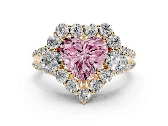 Heart-Shaped Scalloped Halo Engagement Ring Setting for a Fancy Pink Lab-Grown Diamond | Pear Side Stones | Yellow Gold