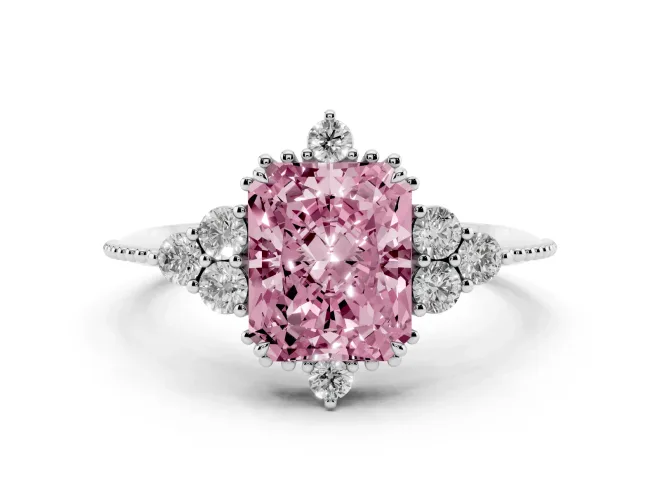 Fancy Pink Radiant Cut Diamond Cluster Ring Set in Silver with Beaded Band