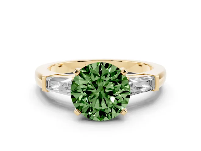 Round Three Stone Engagement Ring Setting for a Fancy Green Lab-Grown Diamond | Tapered Baguettes | Yellow Gold