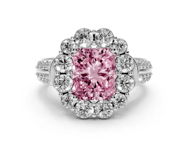 Radiant Cut Large Accent Halo Engagement Ring Setting for a Fancy Pink Lab-Grown Diamond | Graduated Pavé | White Gold