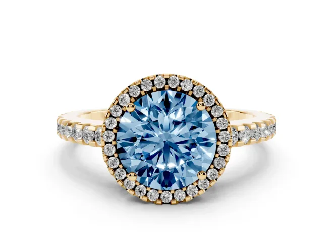 Fancy Blue Round Cut Diamond Halo Ring Set in Yellow gold with Pavé Shoulders and Halo-Framed Center