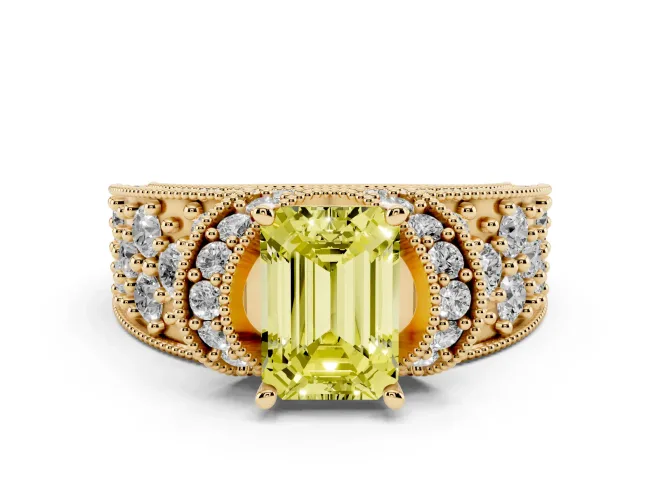 Emerald Cut Vintage Pavé Engagement Ring Setting for a Fancy Yellow Lab-Grown Diamond | Milgrain Edges | Yellow Gold