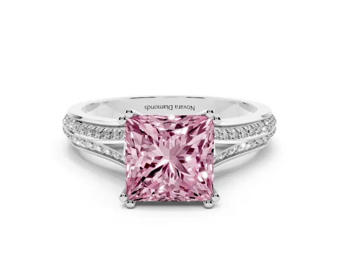 Princess Cut Pavé Split Shank Engagement Ring Setting for a Fancy Pink Lab-Grown Diamond | Double Claw Prongs | Platinum