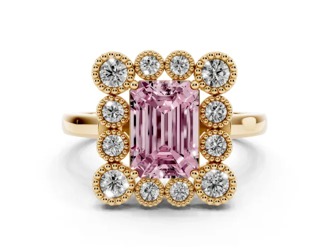 Emerald Cut Milgrain Cluster Halo Engagement Ring Setting for a Fancy Pink Lab-Grown Diamond | Plain Band | Yellow Gold