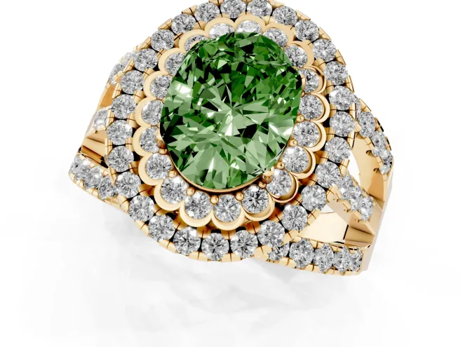 Fancy Green Oval Cut Diamond Double Halo Ring Set in Yellow gold with Round Pavé Split Shank – second view