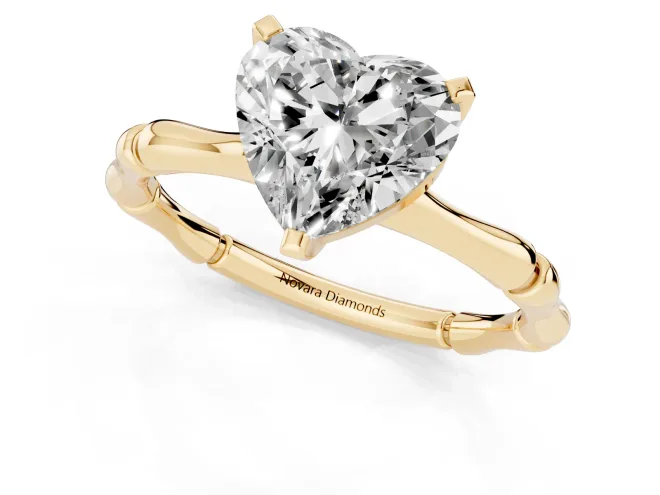 Heart Cut Diamond Solitaire Ring Set in Yellow gold with Bamboo Band and Prong Setting – second view