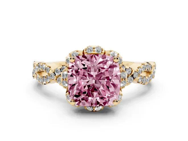 Cushion Cut Milgrain Halo Engagement Ring Setting for a Fancy Pink Lab-Grown Diamond | Graduated Shoulders | Yellow Gold