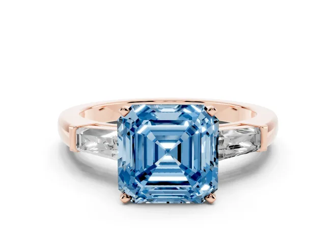 Asscher Cut Three Stone Engagement Ring Setting for a Fancy Blue Lab-Grown Diamond | Tapered Baguettes | Rose Gold