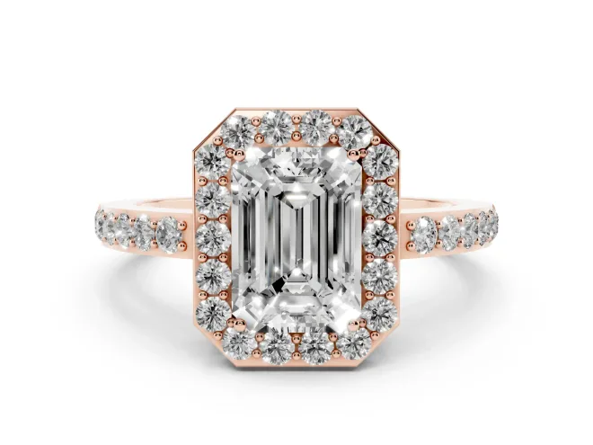 Emerald Cut Diamond Halo Ring Set in Rose gold with Pavé-Setting Band and Open Prong Center