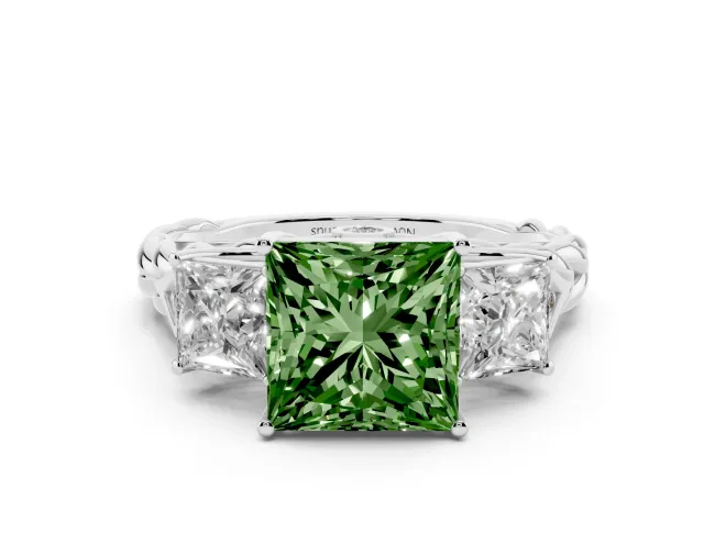 Princess Cut Three Stone Engagement Ring Setting for a Fancy Green Lab-Grown Diamond | Braided Band | White Gold