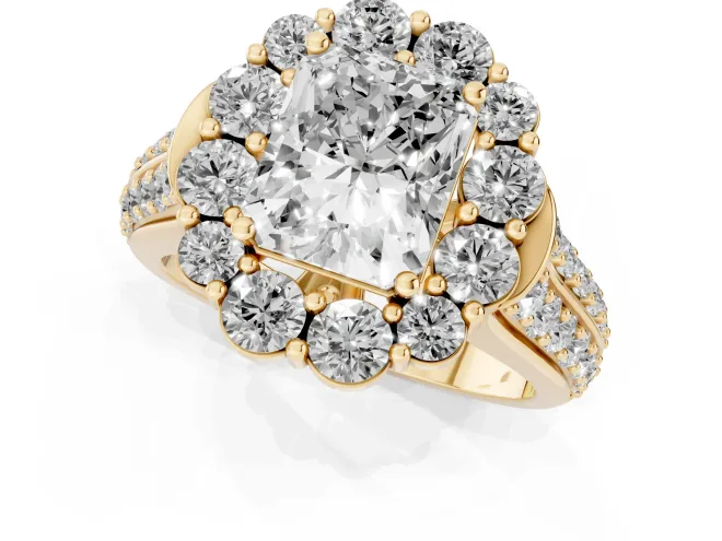 Radiant Cut Diamond Halo Engagement Ring Set in Yellow gold with Split Shank and Prong Setting – second view