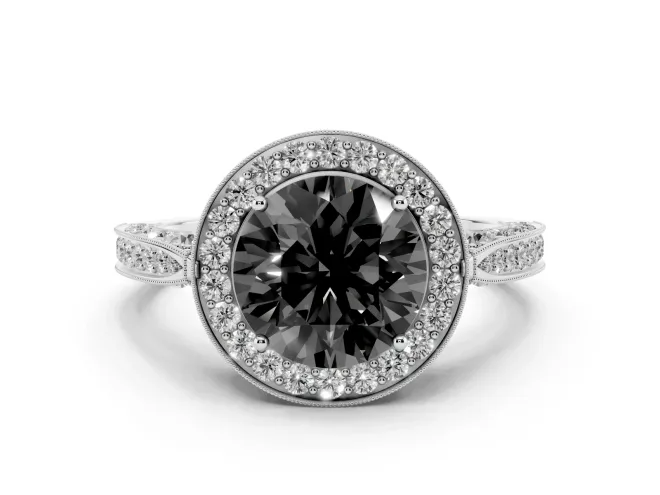 Round Milgrain Halo Engagement Ring Setting for a Black Center | Side Stones | Sterling Silver