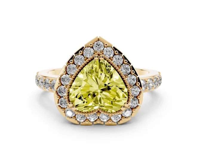 Fancy Yellow Heart Cut Diamond Halo Ring Set in Yellow gold with Pavé Shank and Prong Setting