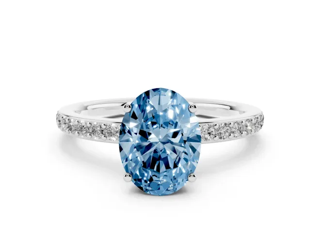 Oval Hidden Halo Engagement Ring Setting for a Fancy Blue Lab-Grown Diamond | Pavé Band | Platinum