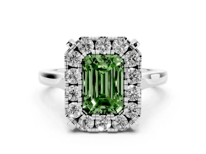 Emerald Cut Claw Corner Halo Engagement Ring Setting for a Fancy Green Lab-Grown Diamond | Slim Plain Band | White Gold