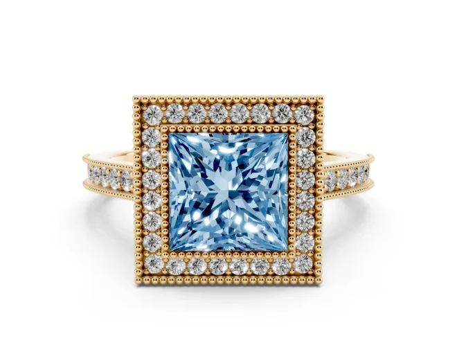 Princess Cut Vintage Milgrain Halo Engagement Ring Setting for a Fancy Blue Lab-Grown Diamond | Bezel Head | Yellow Gold