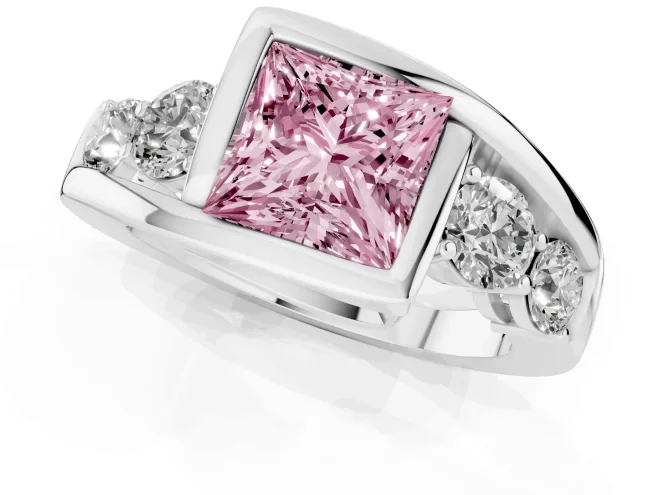 Fancy Pink Princess Cut Diamond Bezel Bypass Ring Set in White gold with Round Accents – second view