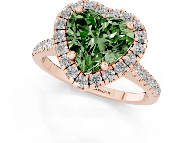 Fancy Green Heart Cut Diamond Cushion Halo Ring Set in Rose gold with Pavé Band – second view