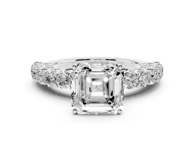 Asscher Cut Shared Prong Engagement Ring Setting | Two-Row Band | White Gold