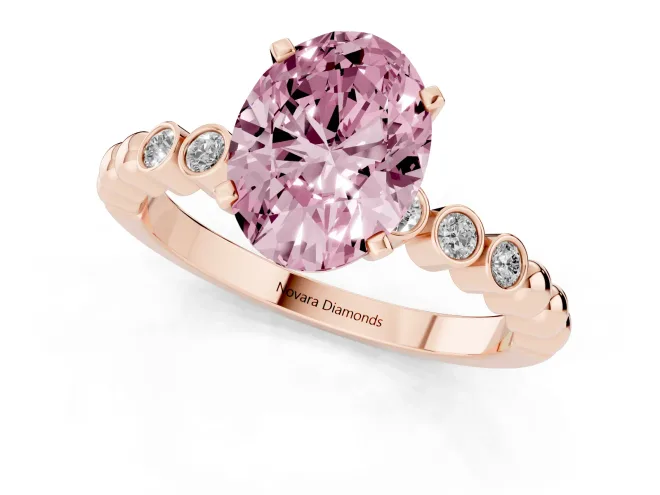 Fancy Pink Oval Cut Diamond Solitaire Engagement Ring Set in Rose gold with Bezel Accents on Beaded Band – second view