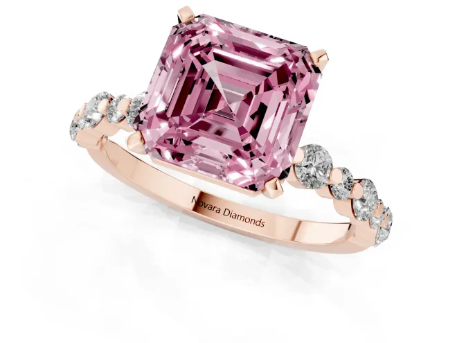 Fancy Pink Asscher Cut Diamond Prong Set Engagement Ring Set in Rose gold with Round Accent Pavé Band – second view