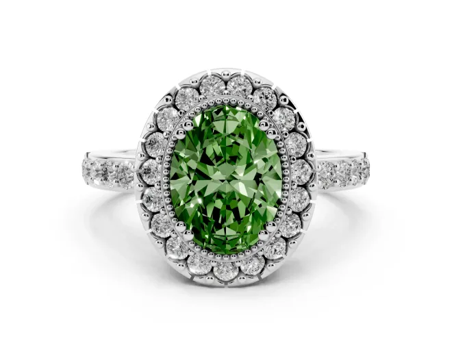 Fancy Green Oval Cut Diamond Halo Ring Set in Silver with Pavé Shank and Prong Setting