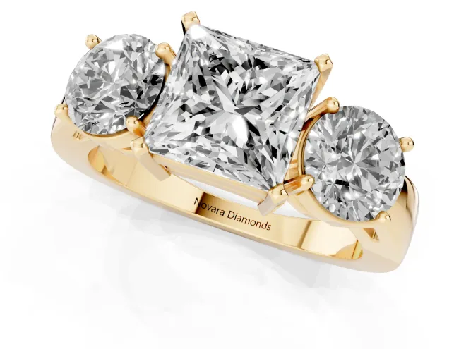 Princess Cut Diamond Three-Stone Ring Set in Yellow gold with Round Side Stones and Classic Band – second view