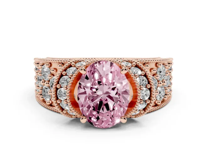 Oval Vintage Milgrain Pavé Engagement Ring Setting for a Fancy Pink Lab-Grown Diamond | Crescent Side Rows | Rose Gold